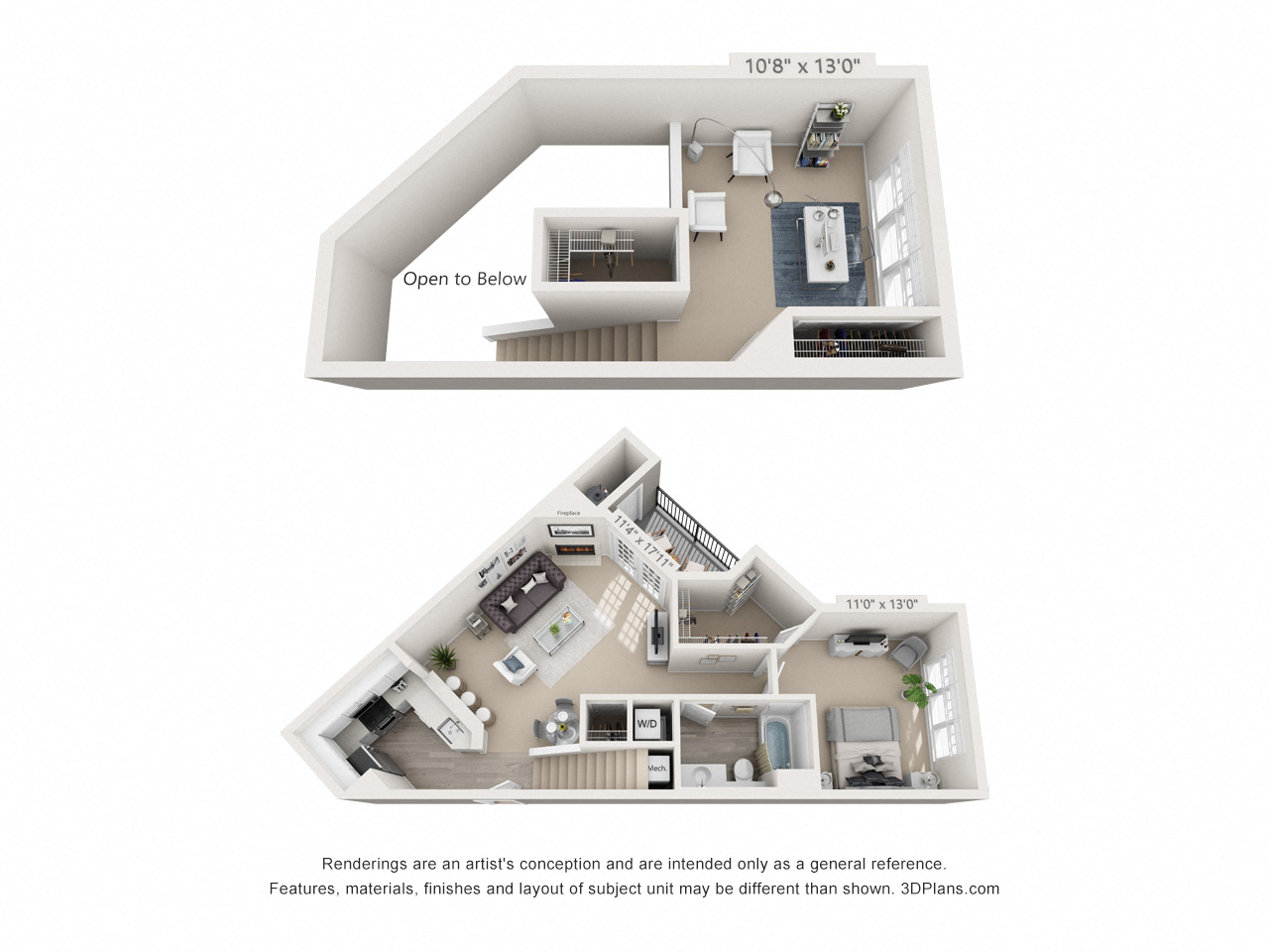 Floor plan for 1 bed, 1 bath, 923 sqft